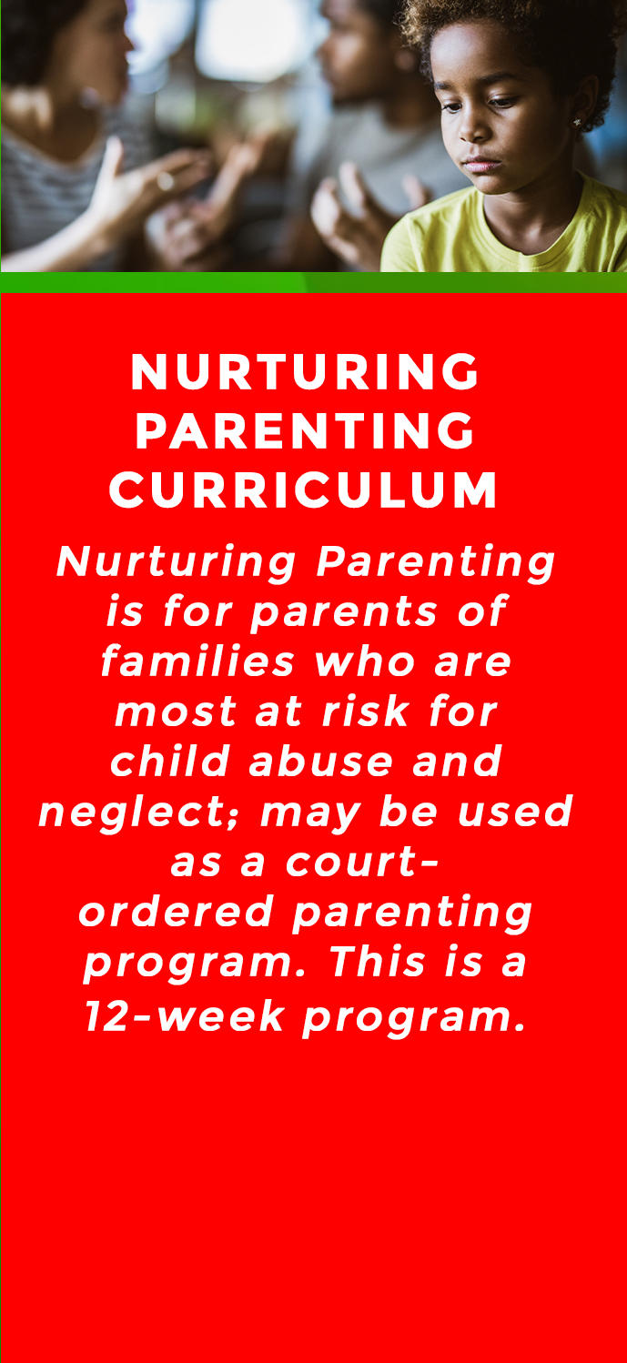 NURTURING PARENTING CURRICULUM Nurturing Parenting is for parents of families who are most at risk for child abuse and neglect; may be used as a court­ ordered parenting program. This is a 12-week program.