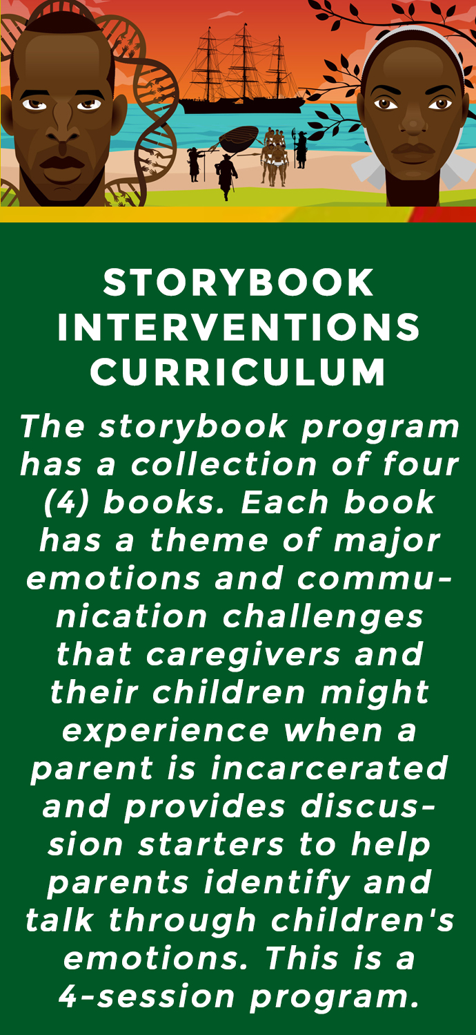 STORYBOOK INTERVENTIONS CURRICULUM The storybook program has a collection of four (4) books. Each book has a theme of major emotions and communication challenges that caregivers and their children might experience when a parent is incarcerated and provides discus­sion starters to help parents identify and talk through children's emotions. This is a 4-session program.